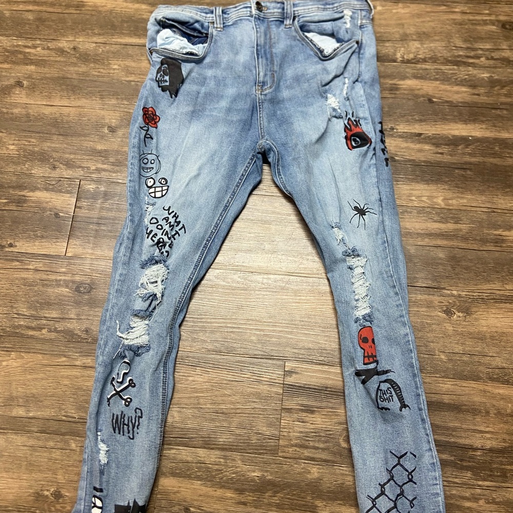 Lure Graphic Jeans Tapered Skinny 36W Ripped Stone Wash Low Rise